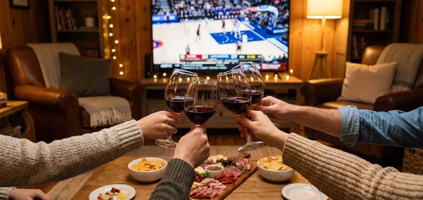 How to host a March Madness watch party — toasting wine glasses with basketball game in background