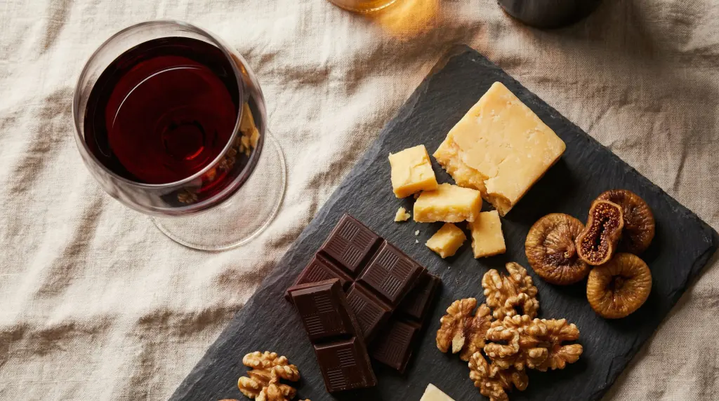 Napa Valley Cabernet Sauvignon food pairing — glass of red wine with aged cheddar, dark chocolate, walnuts and dried figs