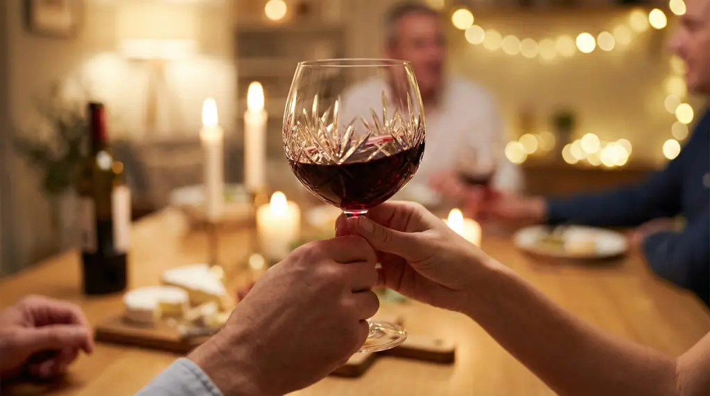 Swirling deep ruby Napa Valley Cabernet Sauvignon in a crystal glass by candlelight — intimate wine tasting