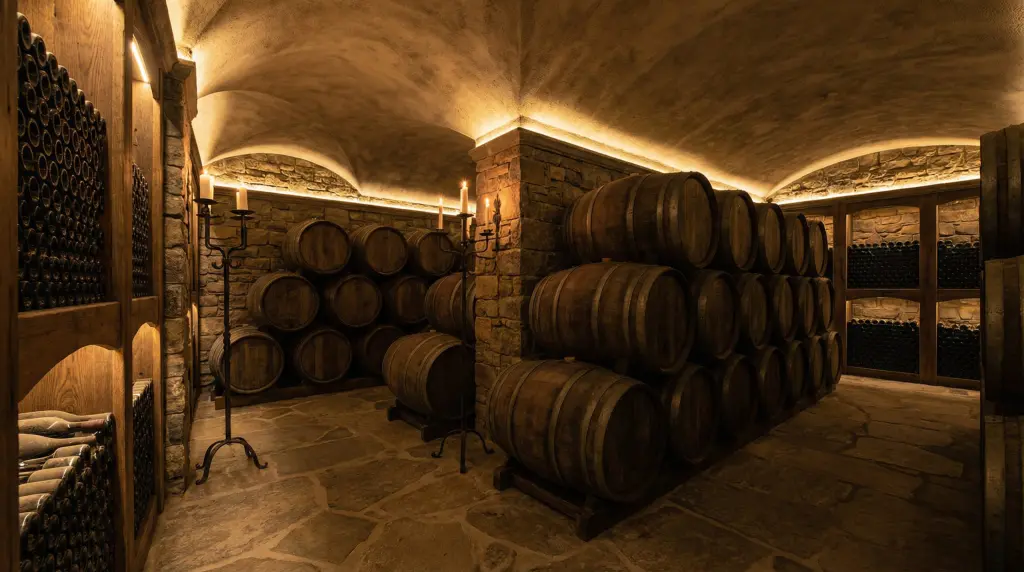 Premium Napa Valley wine cellar with French oak barrels — aging Cabernet Sauvignon for Fortunate Son The Dreamer