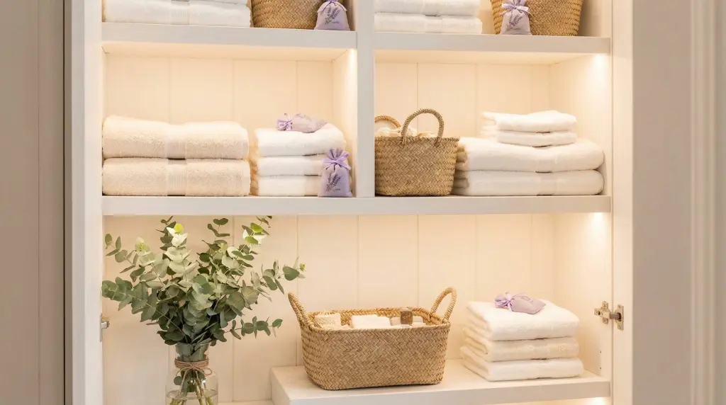 Beautifully organized linen closet with folded white towels, lavender sachets and wicker baskets