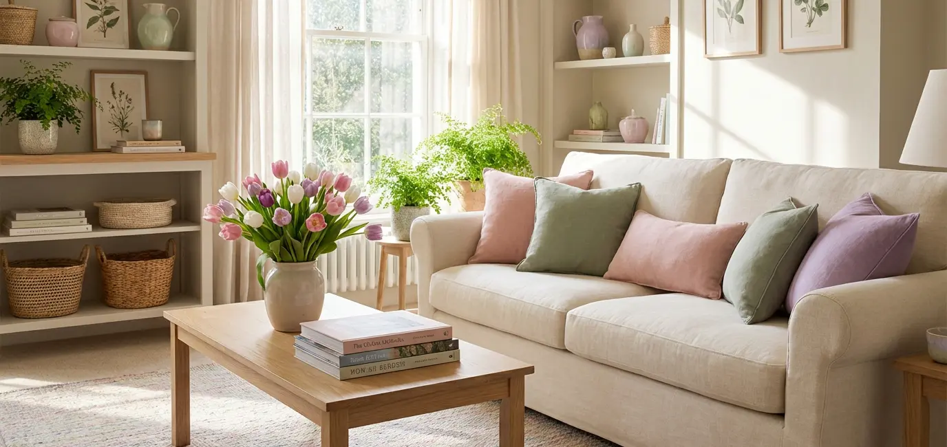 Pastel home decor ideas for spring — soft blush, sage green and lavender living room with fresh tulips