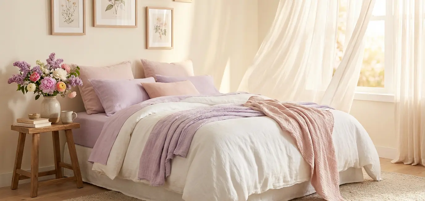 Pastel spring bedroom with lavender and blush bedding, botanical prints and fresh flowers on nightstand