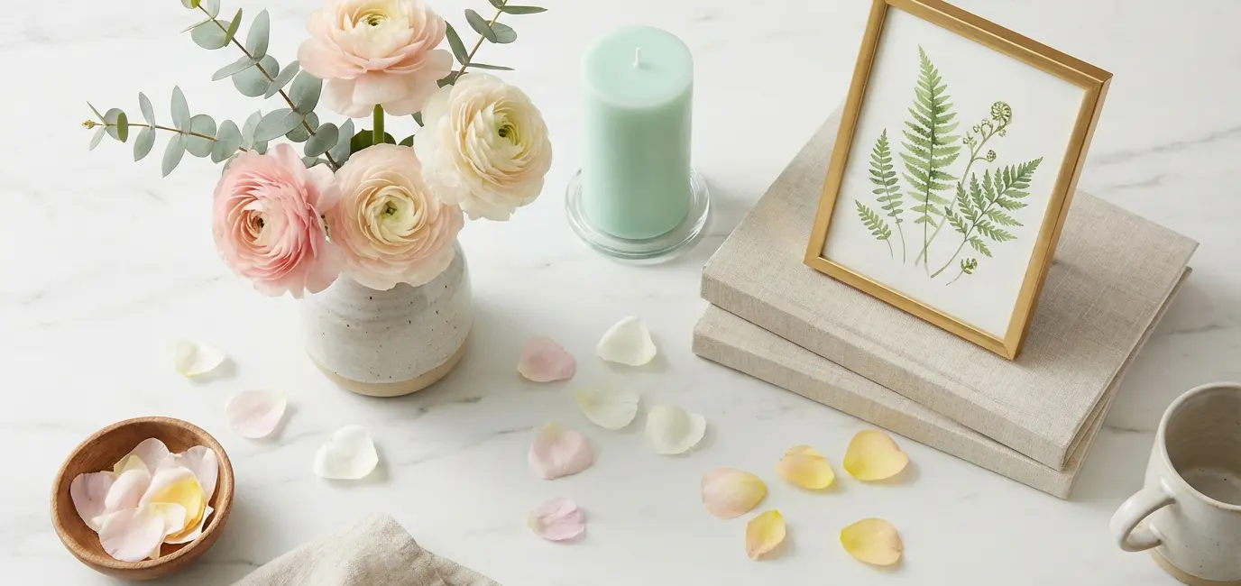 Pastel spring home decor vignette — blush ranunculus, sage green candle and botanical print on marble