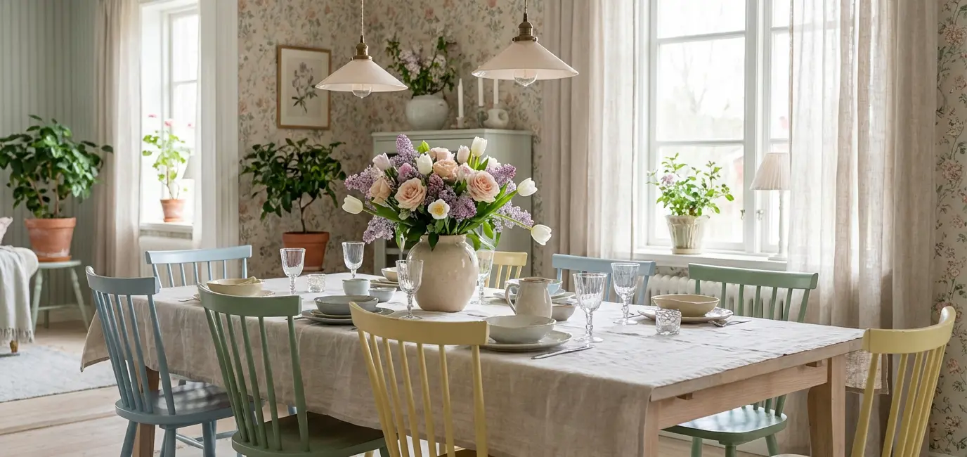 Pastel spring dining room with linen tablecloth, mixed spring flowers centerpiece and soft pendant light