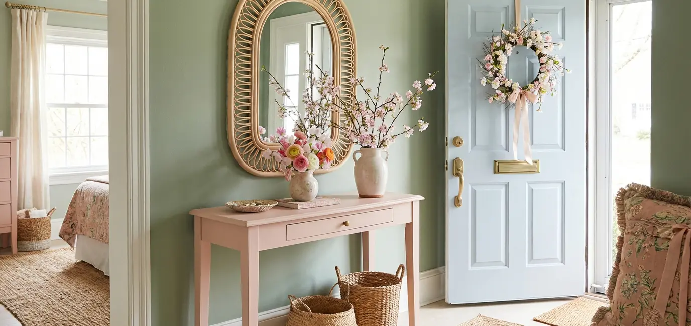 Pastel spring entryway decor with sage green walls, blush pink accents and fresh spring flowers