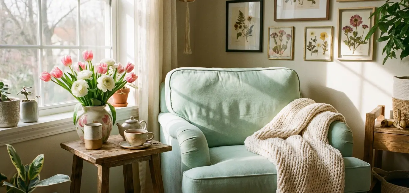 Cozy pastel spring reading nook with mint green armchair, cream throw and botanical print gallery wall