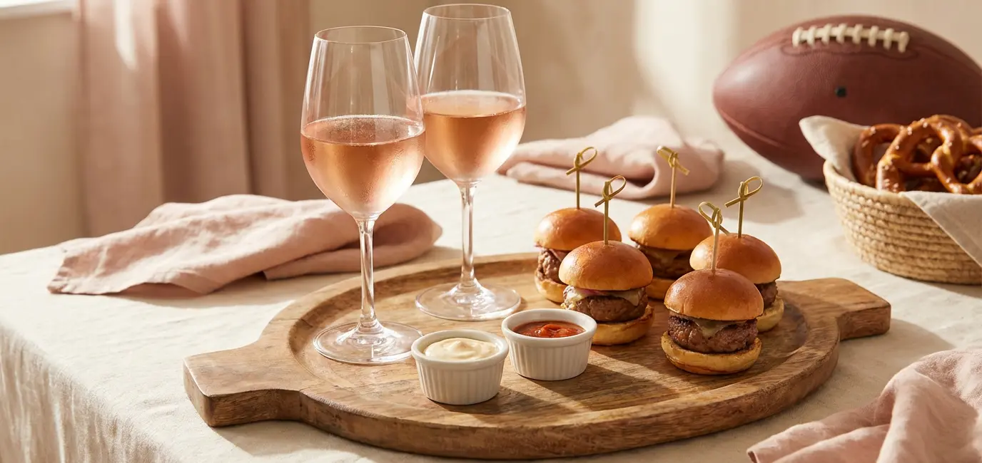 Rosé wine for game day — two glasses of rosé with mini sliders