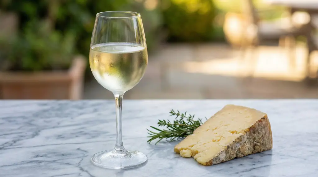 Glass of Sauvignon Blanc paired with Irish cheddar and fresh green herbs for St. Patrick's Day wine pairing