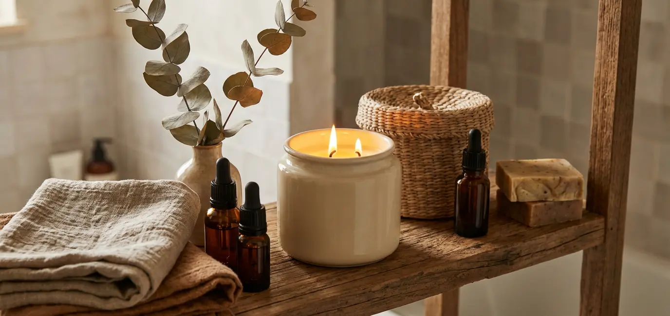Scented candle burning in ceramic vessel on bathroom shelf with spa accessories and eucalyptus