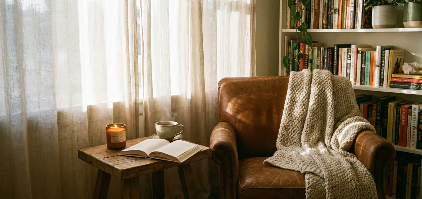 Lit scented candle on reading nook side table with book, tea and cozy throw blanket