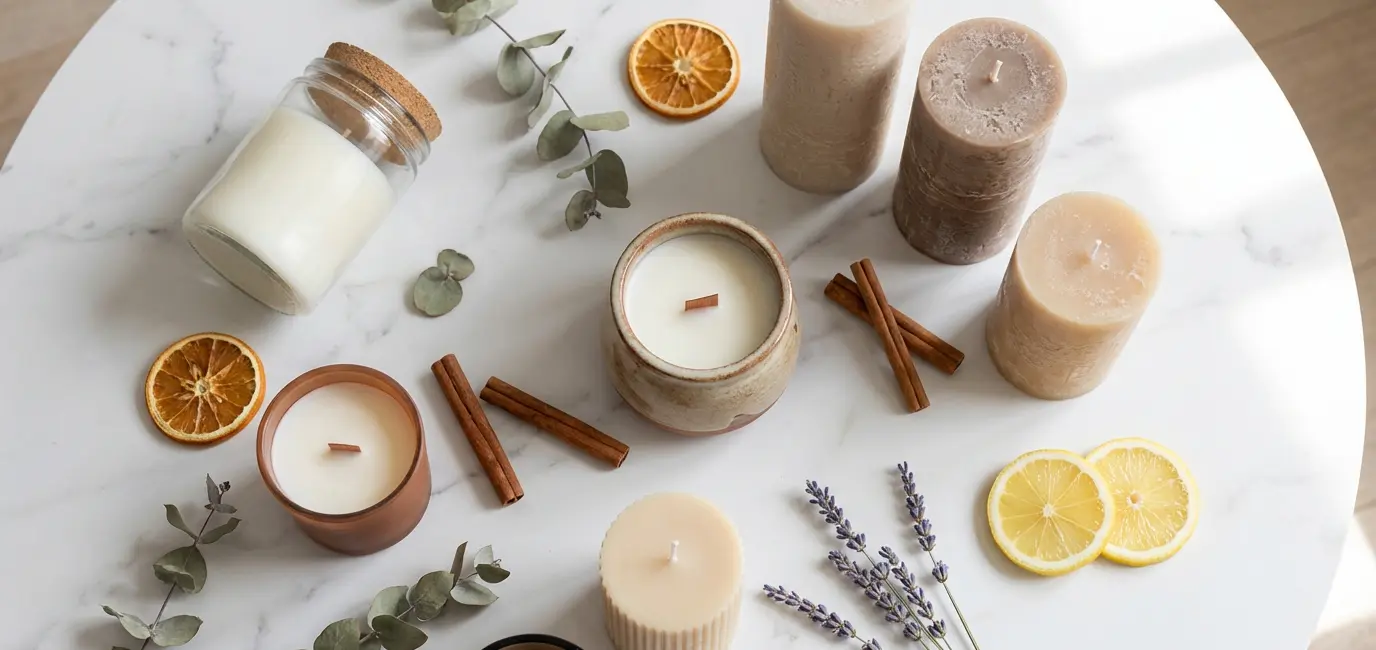 Scented candles flat lay on marble with dried botanicals, cinnamon and citrus — home candle collection