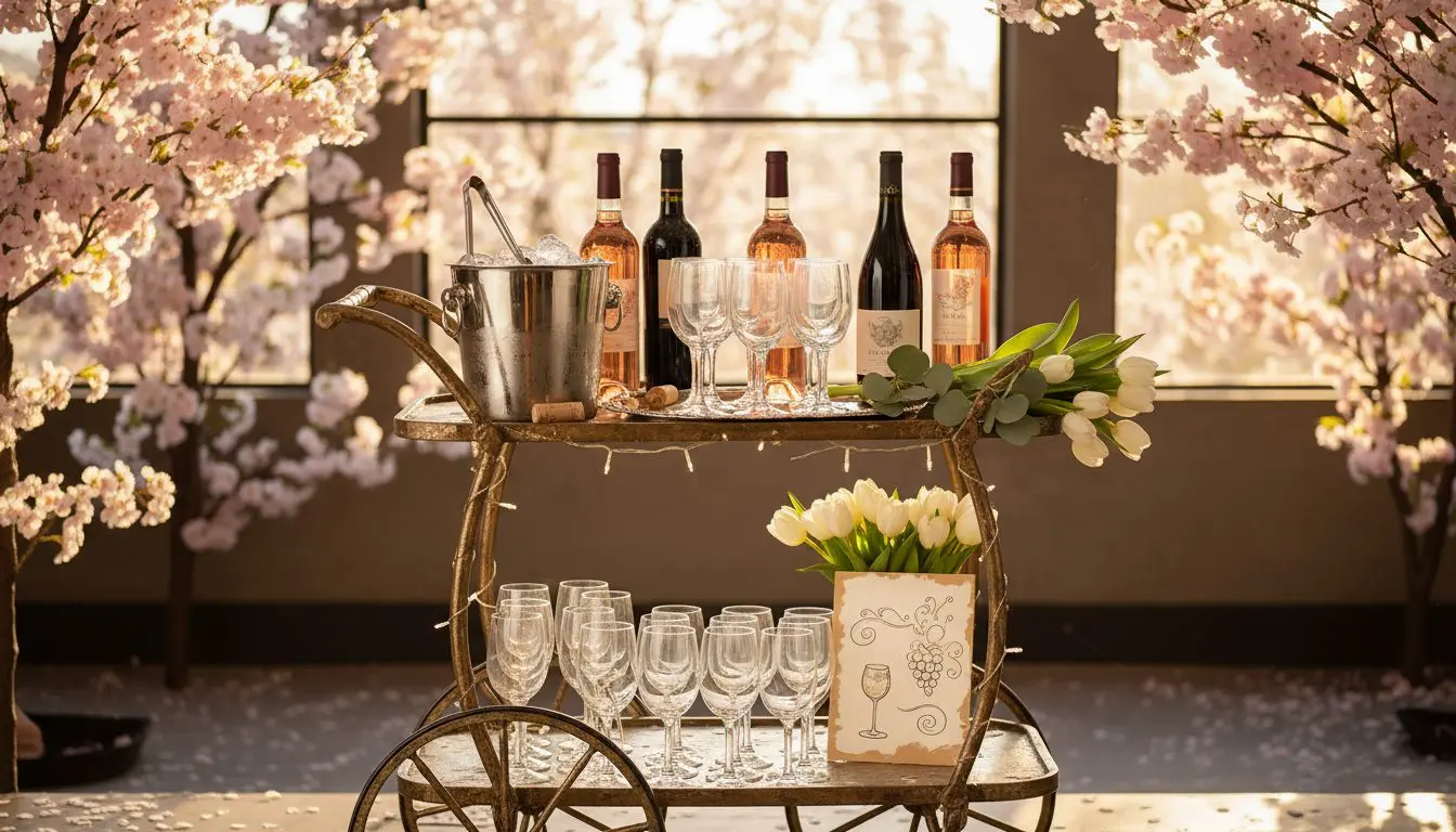 Spring dinner party wine and drinks station styled on a vintage bar cart