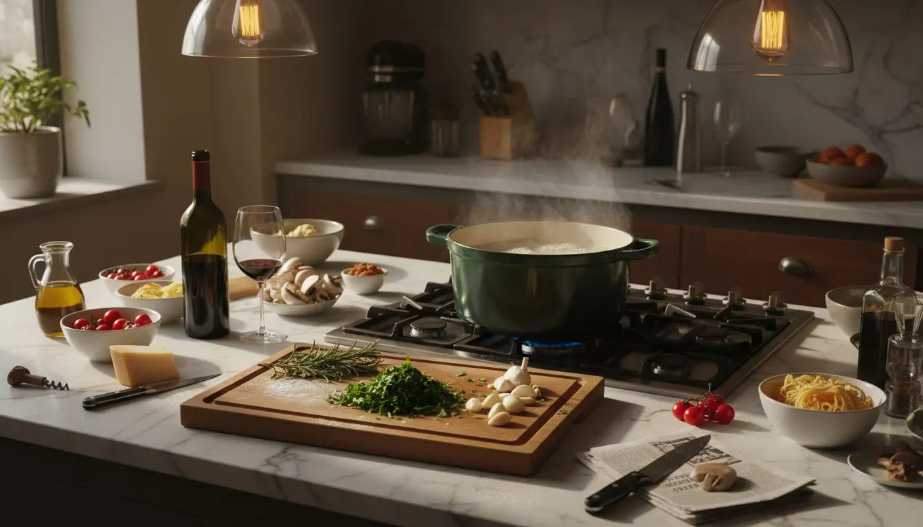 Spring dinner party kitchen prep scene with wine and fresh herbs in 2026
