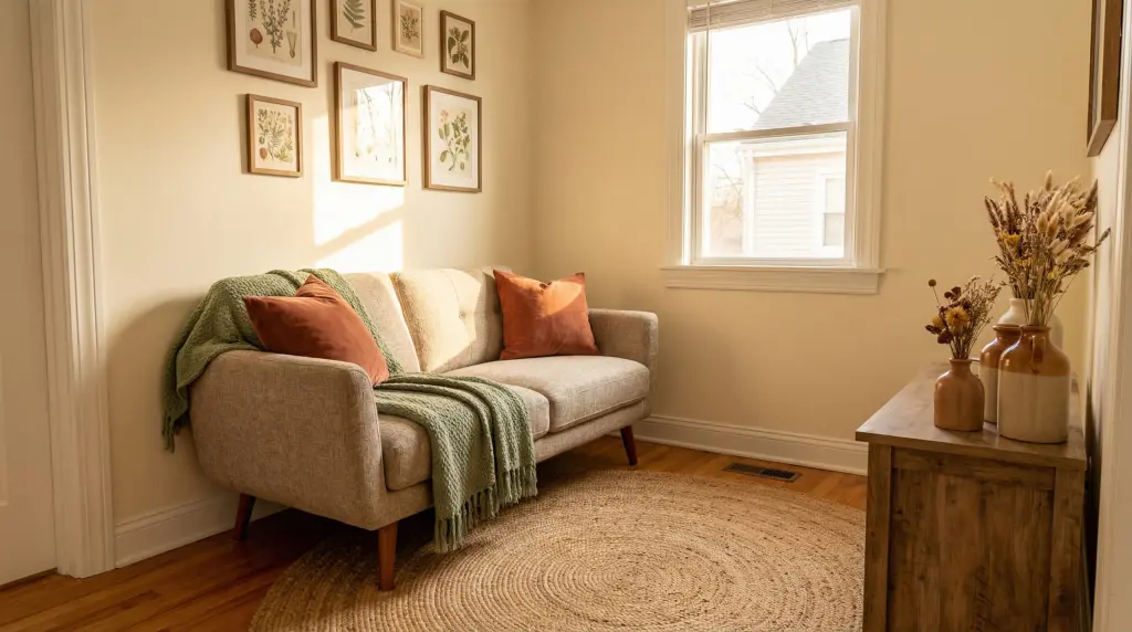 Small living room color palette — cream walls with terracotta accent cushions, sage green throw, jute rug, botanical gallery wall, warm golden hour light