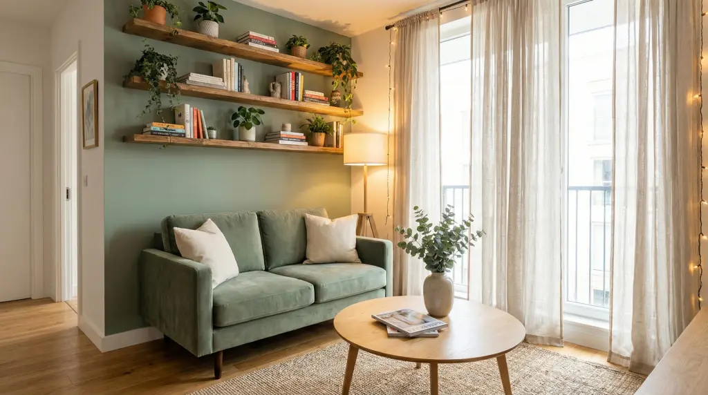 Small living room decorating ideas — sage green accent wall, floating shelves, compact loveseat and round coffee table, warm ambient lighting