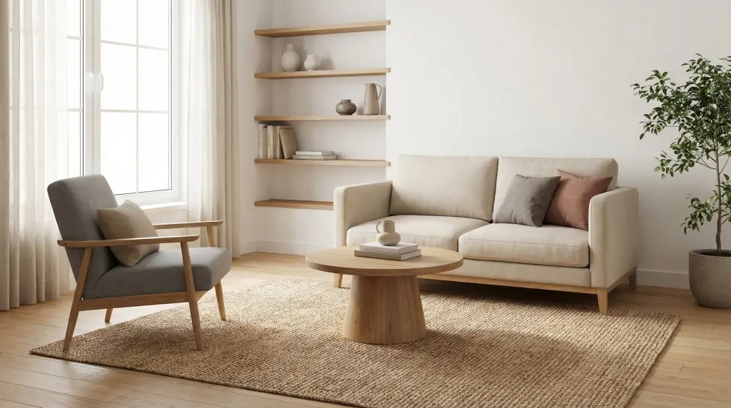 Small living room furniture layout — loveseat and armchair facing each other, round coffee table, area rug anchoring the seating zone