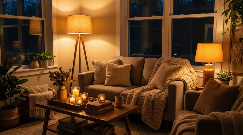 Small living room lighting — layered floor lamp and table lamp, warm amber glow, hygge cozy evening ambiance with candles