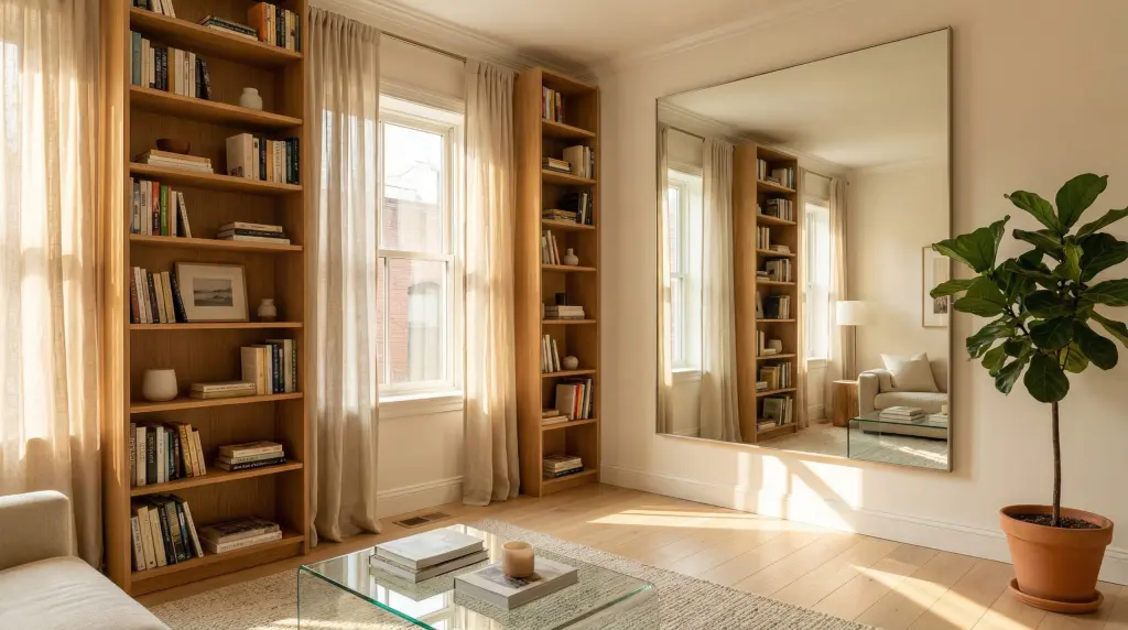 Small living room mirror trick — large wall mirror, vertical shelves to ceiling, glass coffee table making space feel larger and brighter