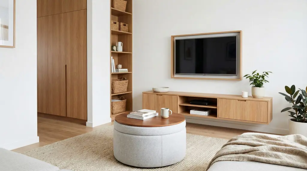 Small living room smart storage — storage ottoman as coffee table, built-in cabinetry floor to ceiling, wall-mounted media unit, minimalist aesthetic