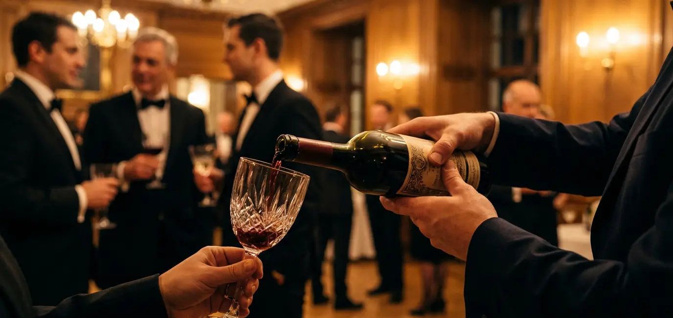 Sommelier pouring premium red wine at an upscale USA wine event