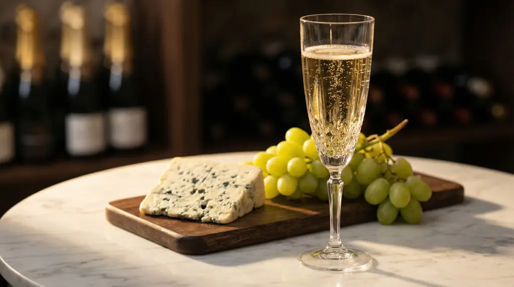 Sparkling wine in crystal flute with blue cheese wedge and green grapes for St. Patrick's Day wine pairing