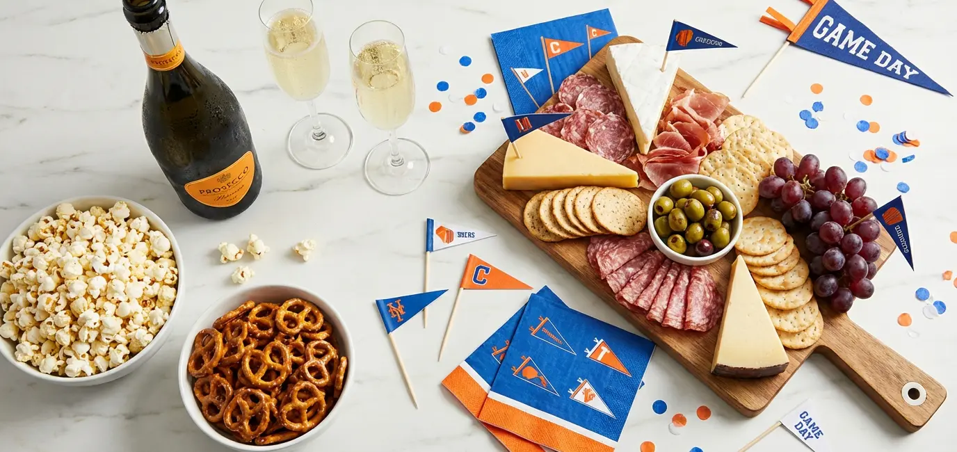 Sparkling wine and Prosecco for game day — overhead flat-lay with flute glasses and popcorn
