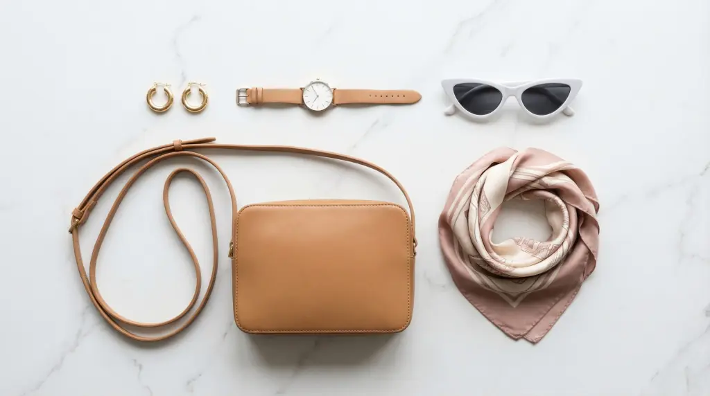 Spring 2026 capsule wardrobe accessories flatlay with gold hoops, tan crossbody, white sunglasses and blush silk scarf