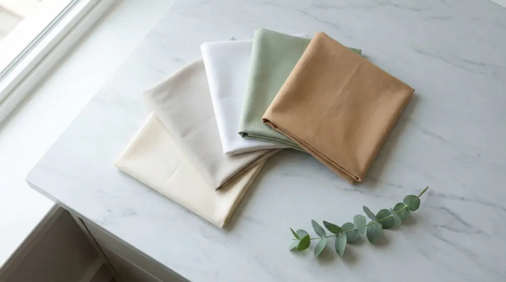 Spring 2026 capsule wardrobe neutral color palette with cream, stone, sage green and warm tan fabric swatches