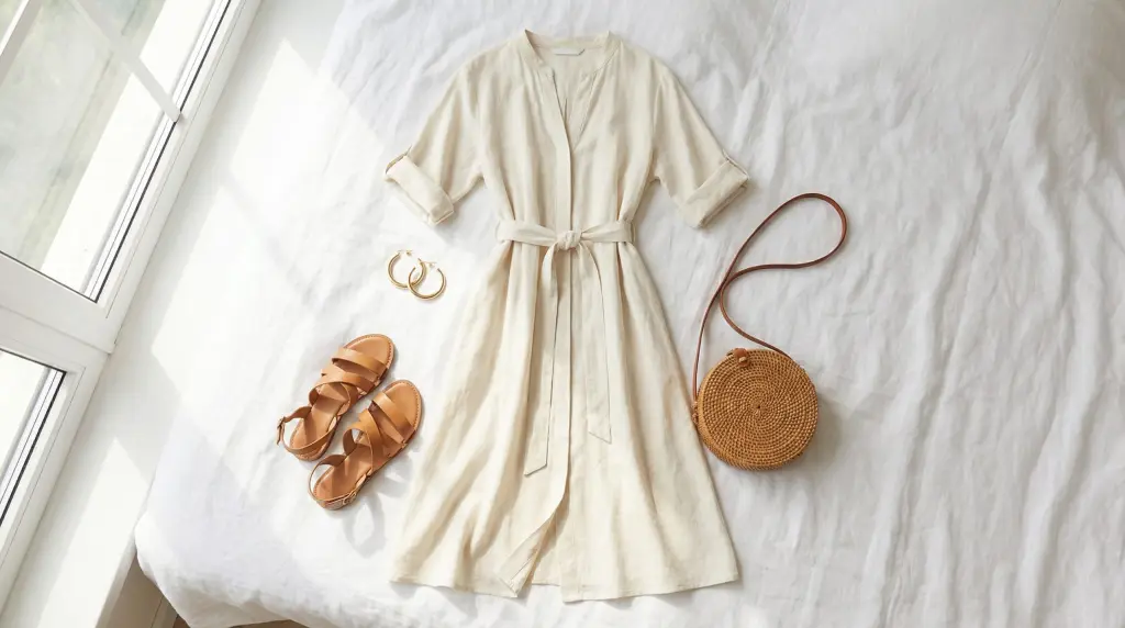 Spring 2026 outfit flatlay with cream linen midi dress, tan sandals, woven straw bag and gold hoop earrings