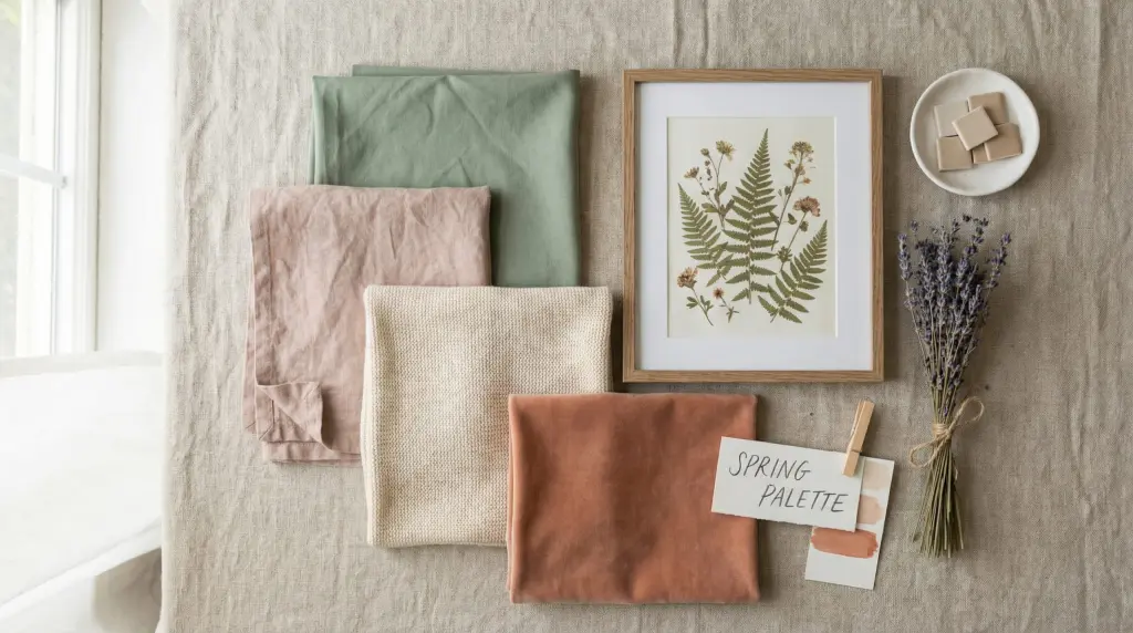 spring bedroom color palette for bedroom refresh — sage green, blush pink, warm cream, and terracotta swatches
