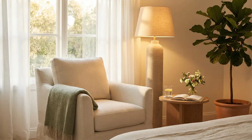 spring bedroom reading corner with linen armchair, sage throw, and fiddle leaf fig