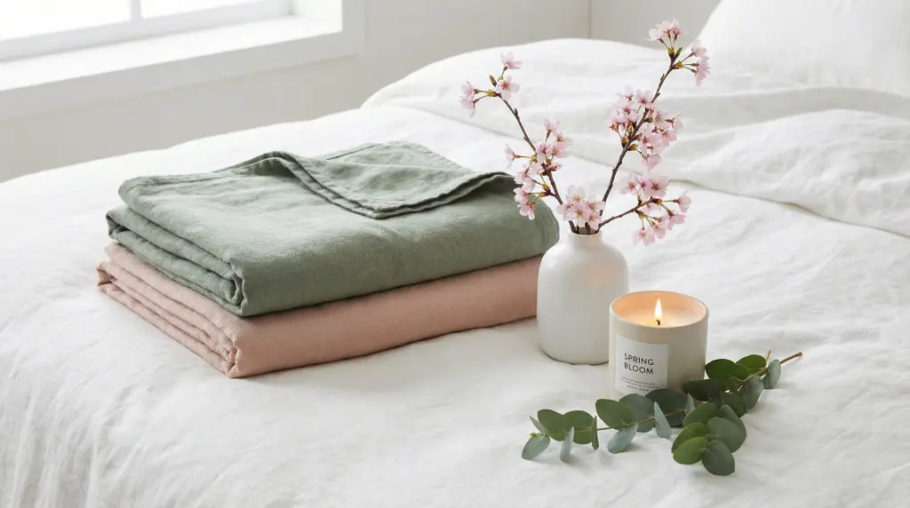 spring bedroom refresh ideas bedding essentials — sage green throws, blush linen, cherry blossoms