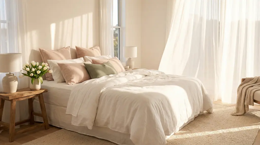 spring bedroom refresh ideas — bright airy bedroom with white linen and tulips