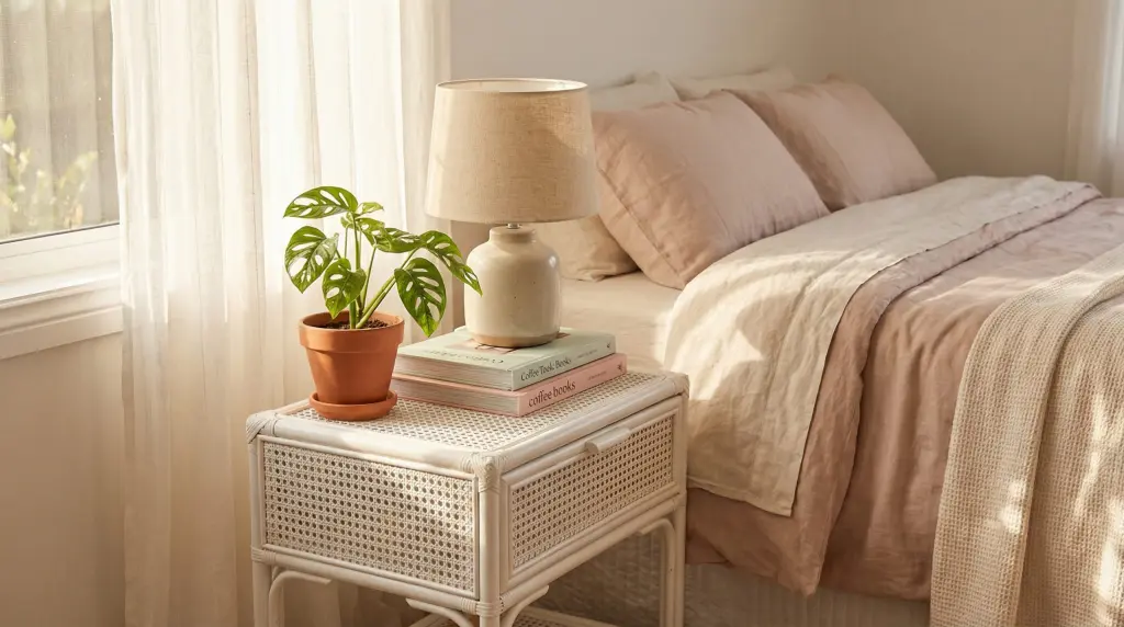 spring bedroom refresh nightstand styling with cane furniture, monstera plant, and natural light