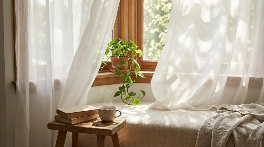 spring bedroom refresh ideas — sheer white curtains with natural light and window plants