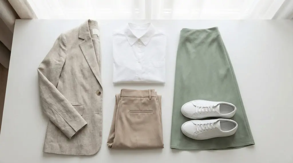 Spring capsule wardrobe 2026 flatlay with linen blazer, white shirt, beige trousers, sage midi skirt and white sneakers