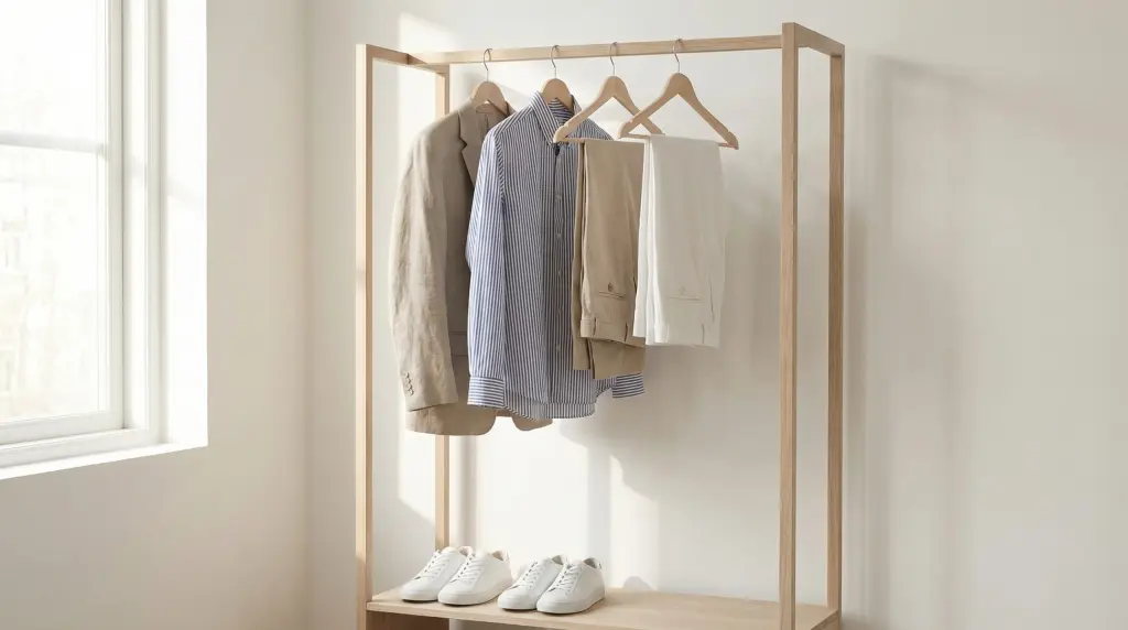 Minimalist open wardrobe with spring capsule wardrobe pieces — linen blazer, striped shirt and tailored trousers neatly hung