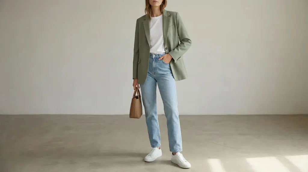 Spring capsule wardrobe outfit — sage green blazer over white tee with straight-leg denim and white sneakers