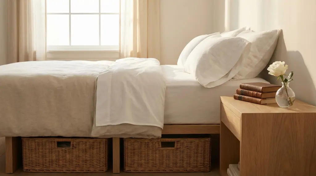 Decluttered bedroom with crisp white linen, wicker baskets and white flower after spring cleaning