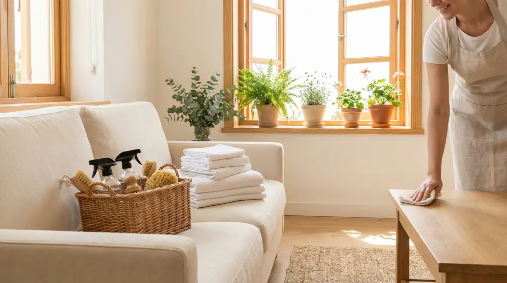 Spring cleaning checklist 2026 — bright living room with open windows, fresh linens and green plants