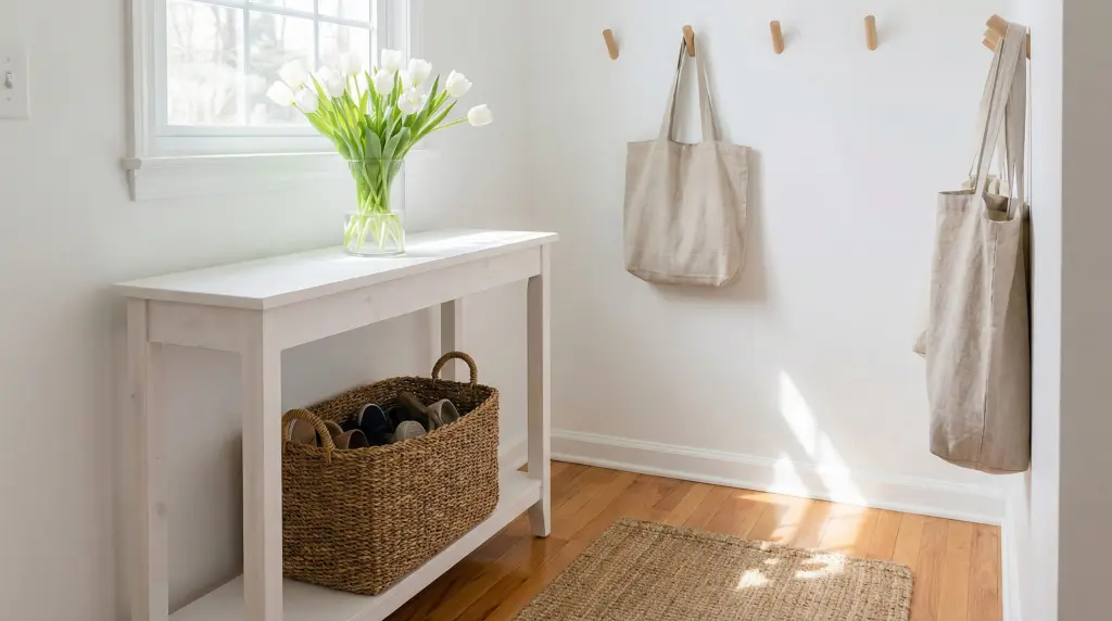 Fresh spring entryway after cleaning with white tulips, woven basket and minimal console table