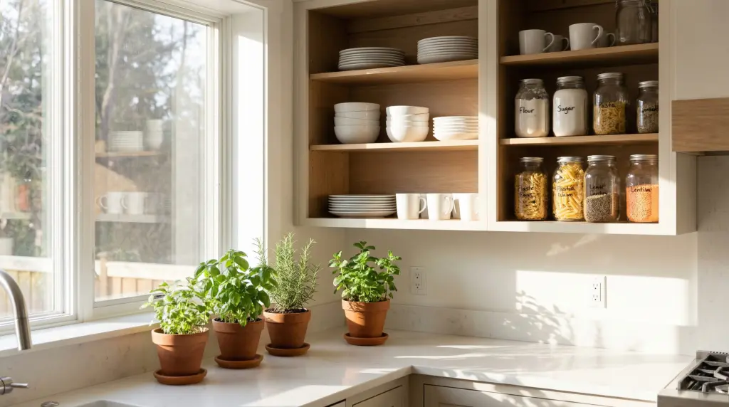 Organized kitchen with labeled glass jars, white dishes and fresh herb pots after spring cleaning