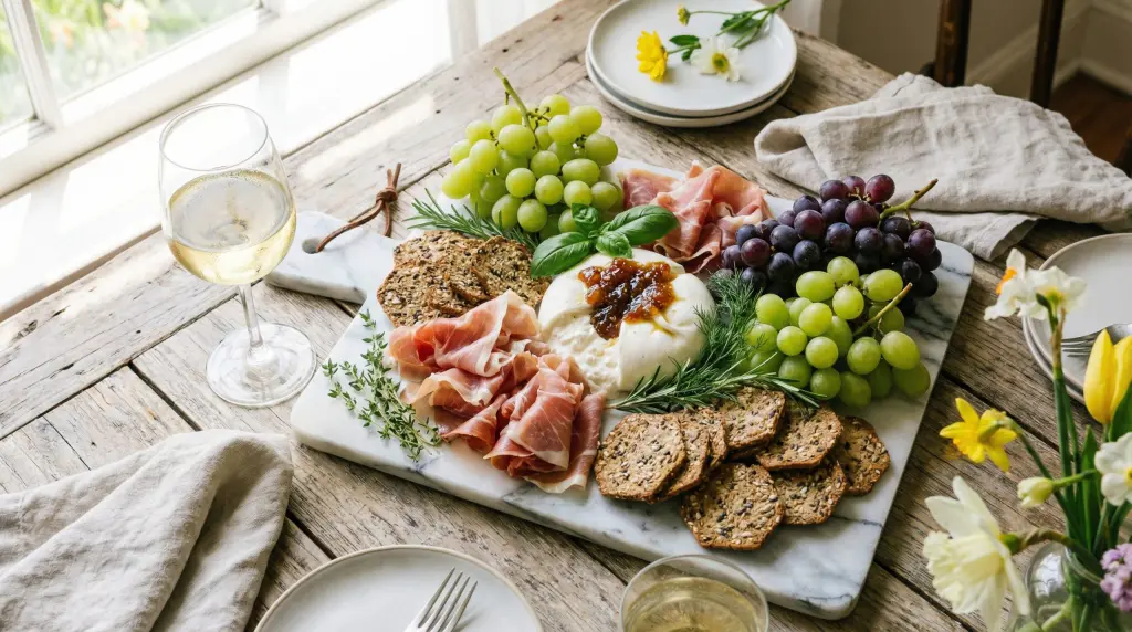 Spring dinner party appetizer spread — marble board with burrata, prosciutto, grapes, fig jam and crackers with white wine