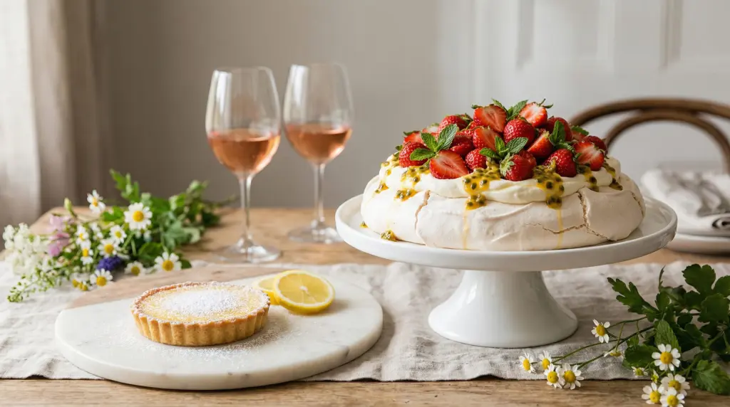 Spring dinner party dessert — pavlova with strawberries and passionfruit on white cake stand beside lemon tart and rosé