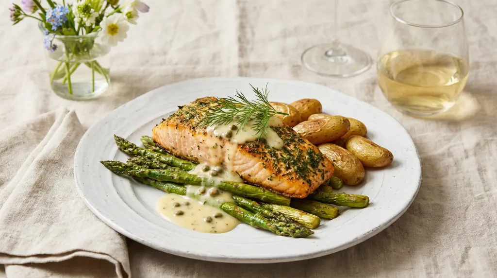 Spring dinner party main course — herb-crusted salmon with asparagus, lemon caper sauce and roasted fingerling potatoes