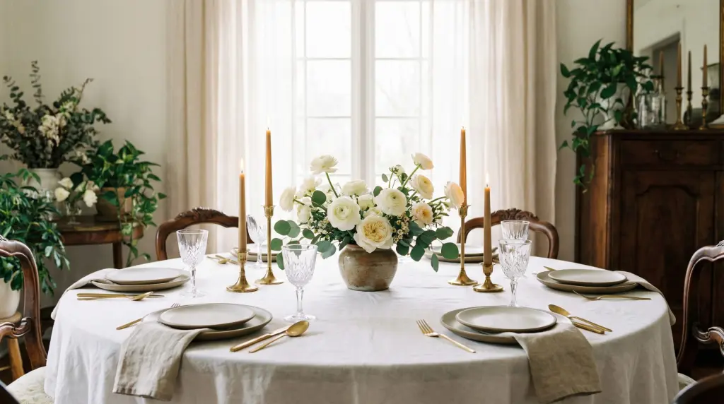 Spring dinner party menu ideas — elegant round table for six with white ranunculus centerpiece, brass taper candles and linen