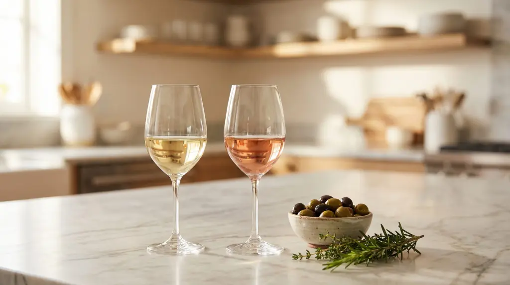 Spring dinner party wine pairing — white wine and blush rosé in glasses beside ceramic bowl of olives and fresh herbs