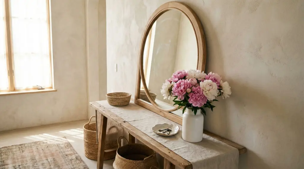 Spring entryway with large arched mirror, fresh peonies in white vase and ceramic key dish on console