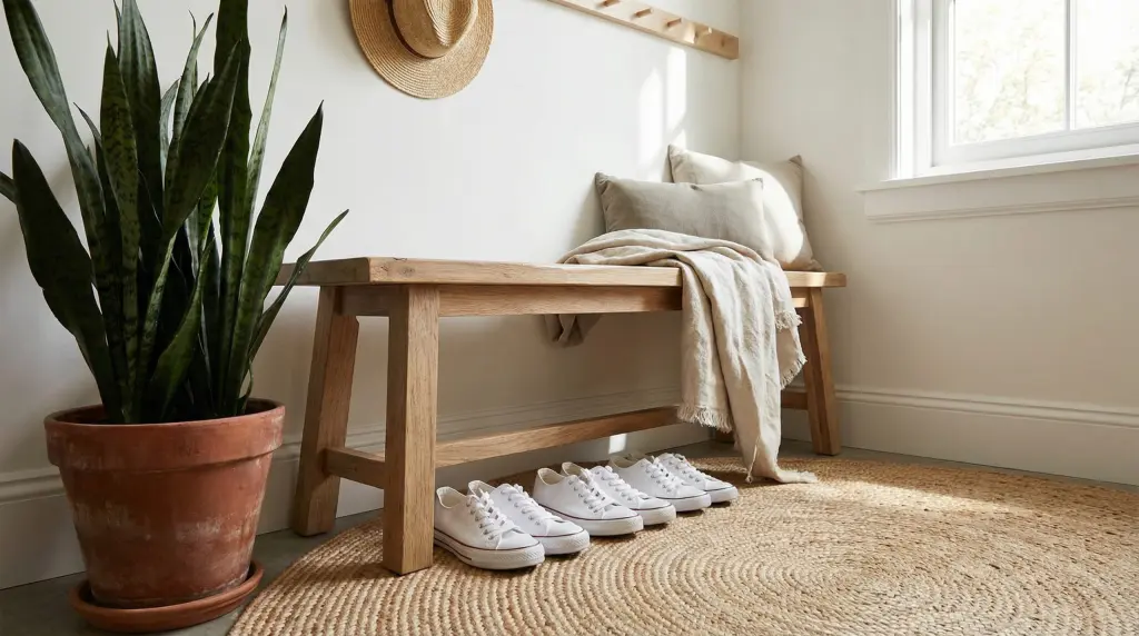 Cozy spring entryway with wooden bench, jute rug, white sneakers and potted snake plant in terracotta
